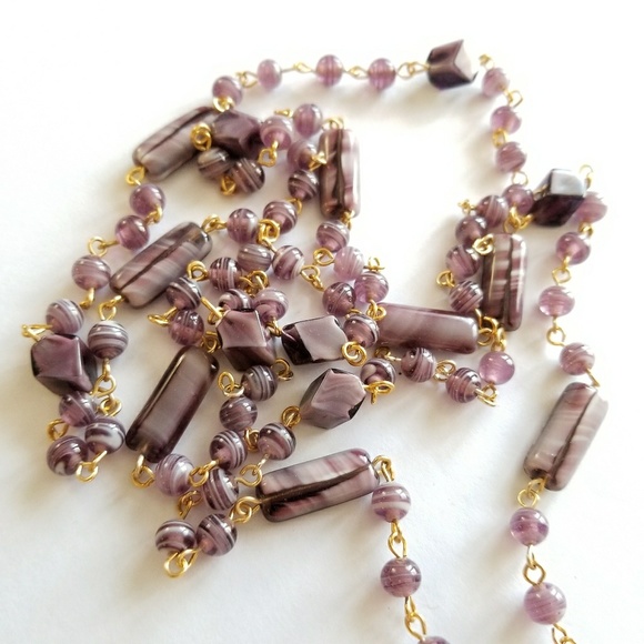Relisted-Vintage Vintage lavender flapper bead necklace long gold - Picture 5 of 7